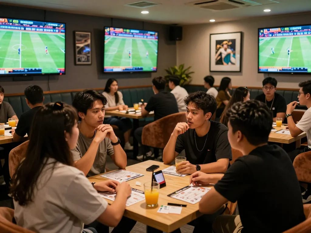 Engaged patrons discussing kèo nhà cái while watching live sports in a vibrant betting lounge.