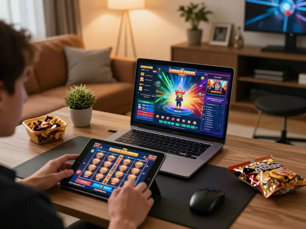 Player enjoying online games like VIC88, engaging with diverse digital slot options in a cozy setting