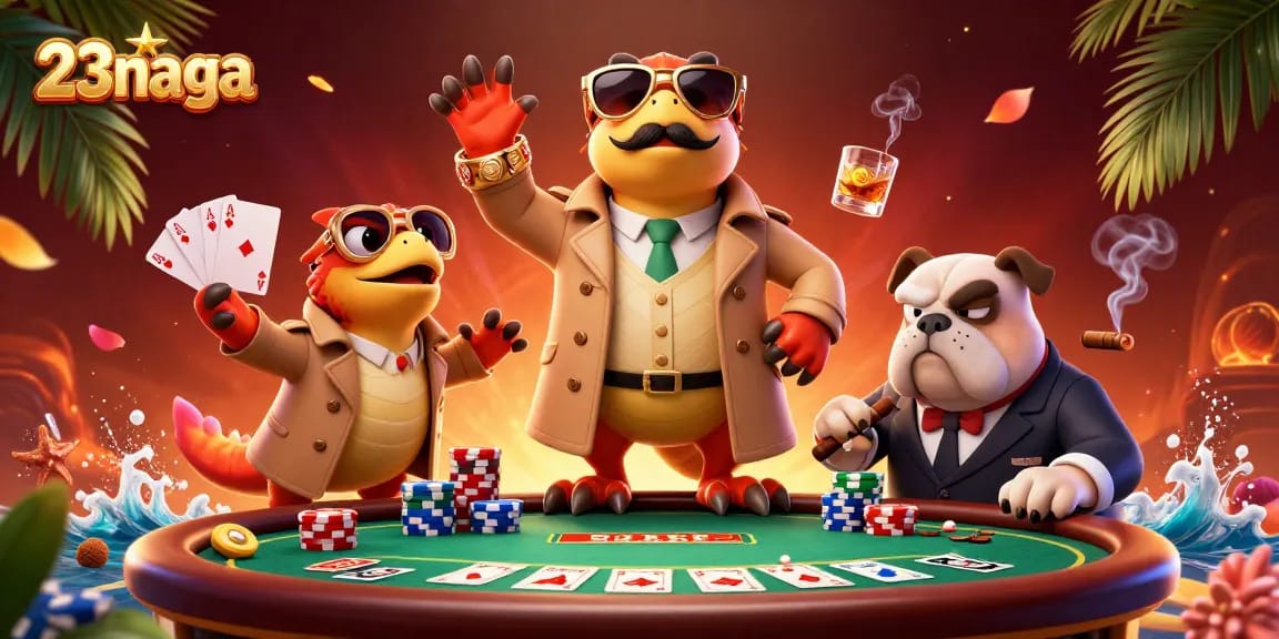 23naga menghadirkan suasana poker yang seru dengan tiga raptor dalam jas, siap bertaruh.
