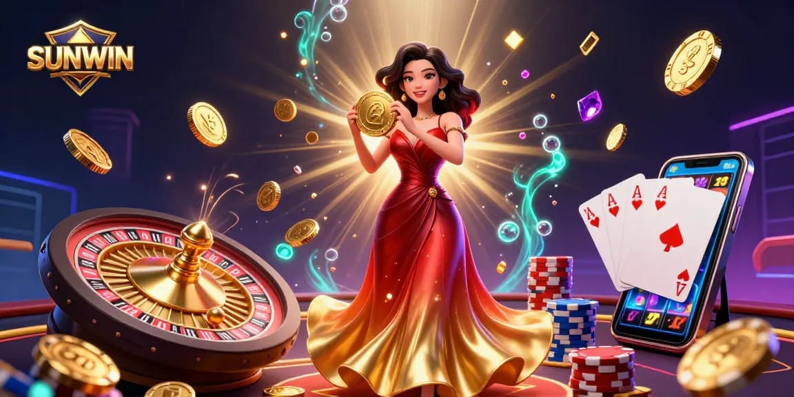 SUNWIN showcases vibrant casino excitement with a stunning Asian character amid golden coins and gems.