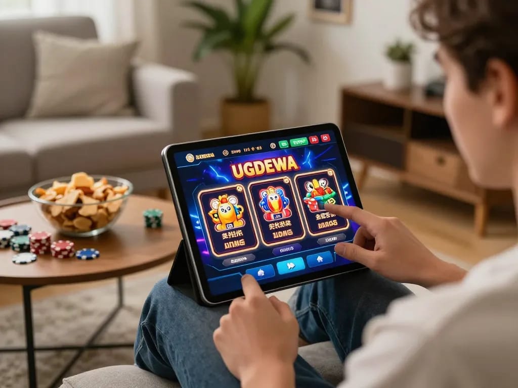 Engaging in UGDEWA's casino app from a cozy living room while enjoying online slots
