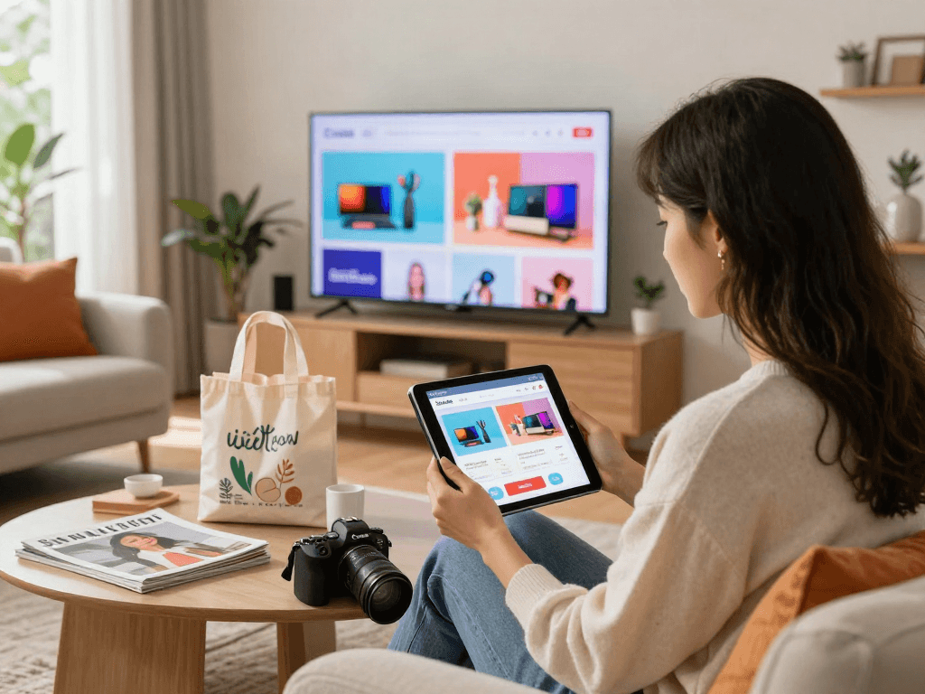 Customer engaging with e-commerce platform bro138 in modern living room.