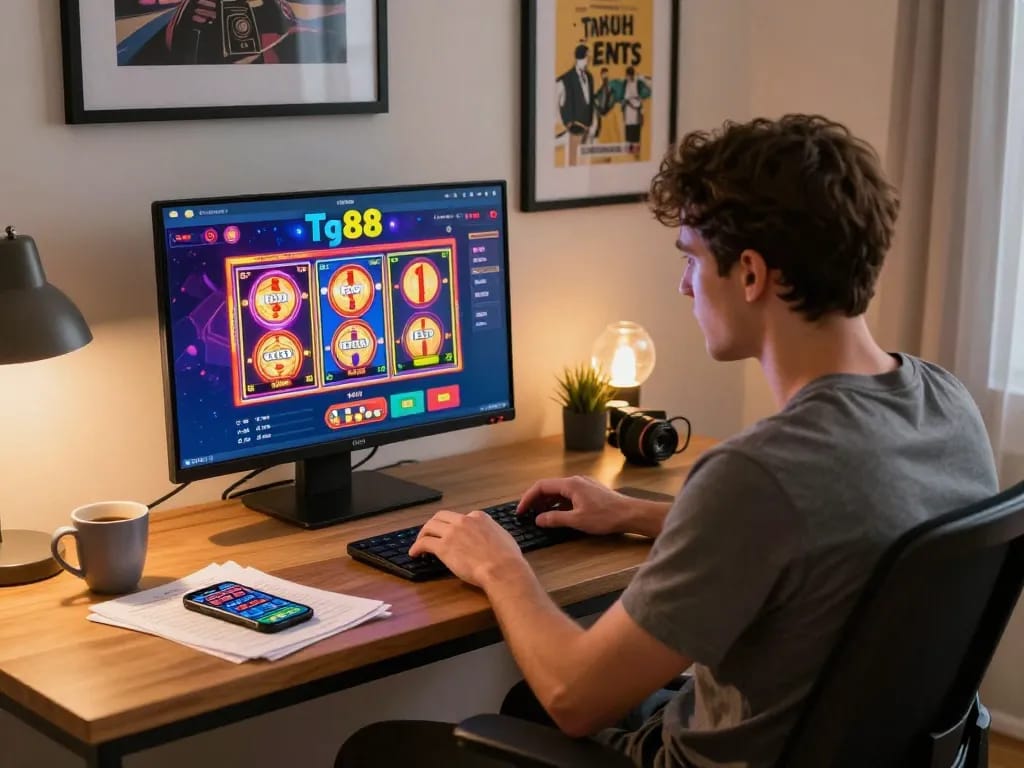 Engaging player using tg88 casino app on laptop in bright home workspace