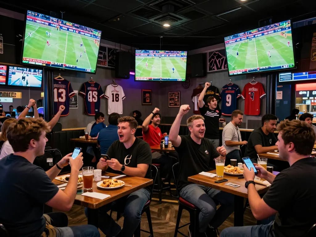 Sports fans engaging in kèo nhà cái betting at a lively bar during important matches