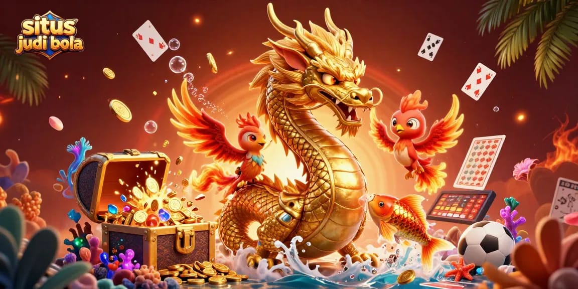 Betting on situs judi bola with a dynamic 3D illustration featuring dragons and vibrant gaming elements.