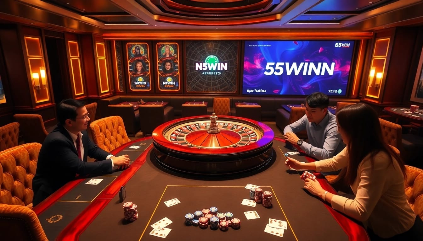 Exciting gaming scene at Nhà Cái 56WIN showcasing poker action and a roulette wheel.