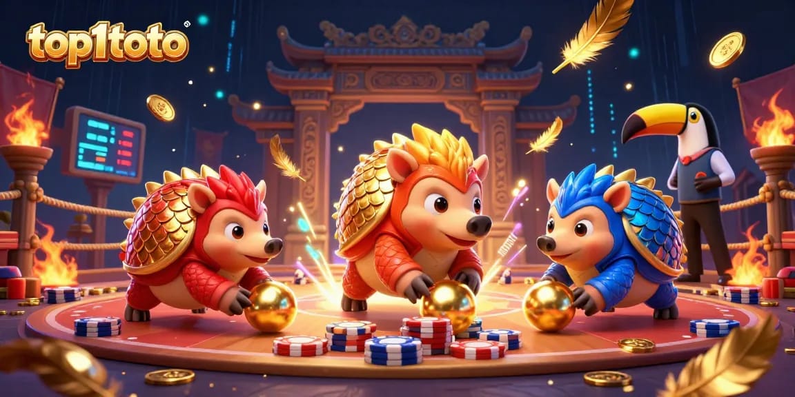 Experience top1toto with vibrant pangolins rolling through poker chips in this dynamic 3D casino illustration.