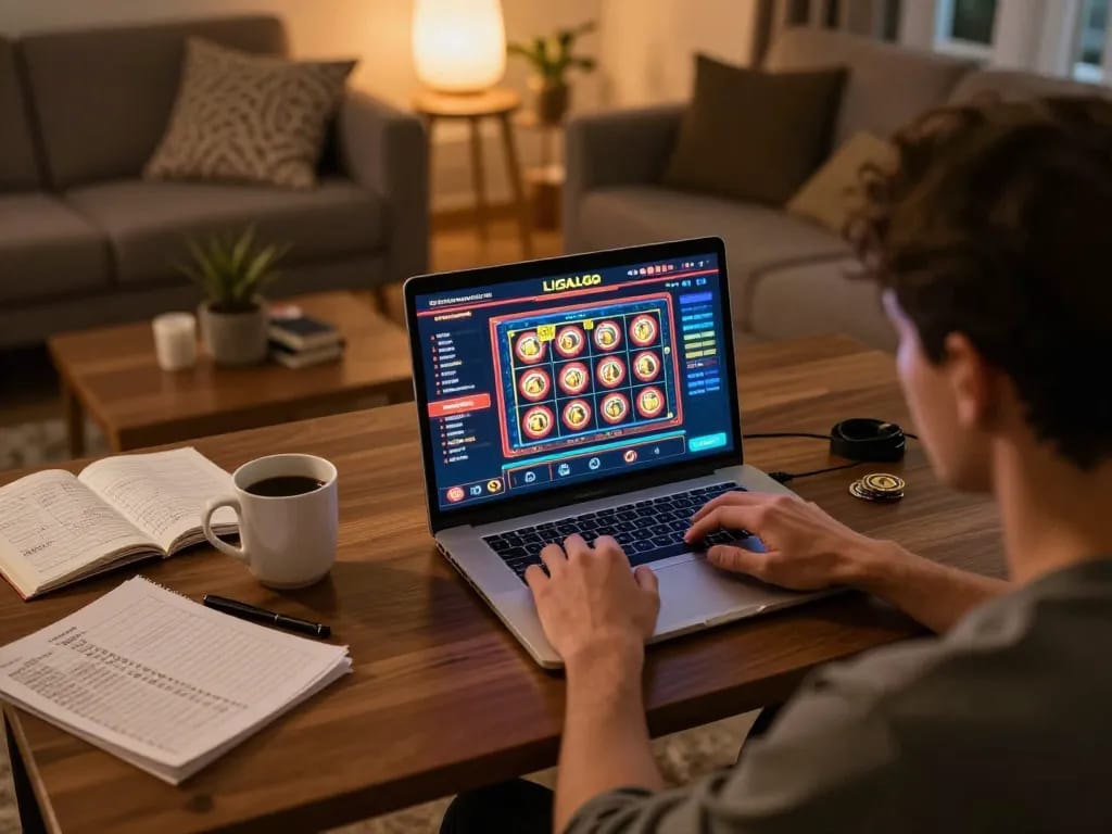 Engaging online gaming session with LIGALGO casino interface, showcasing interactive slots and poker.