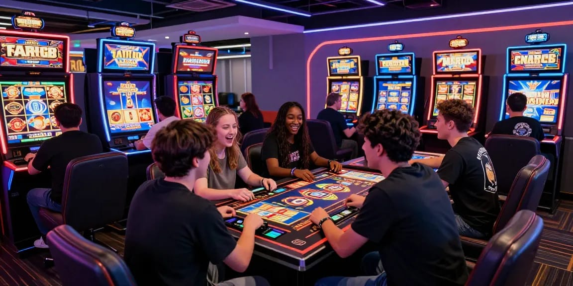 Group of players strategizing bets on exciting slot machines in a vibrant gaming lounge.