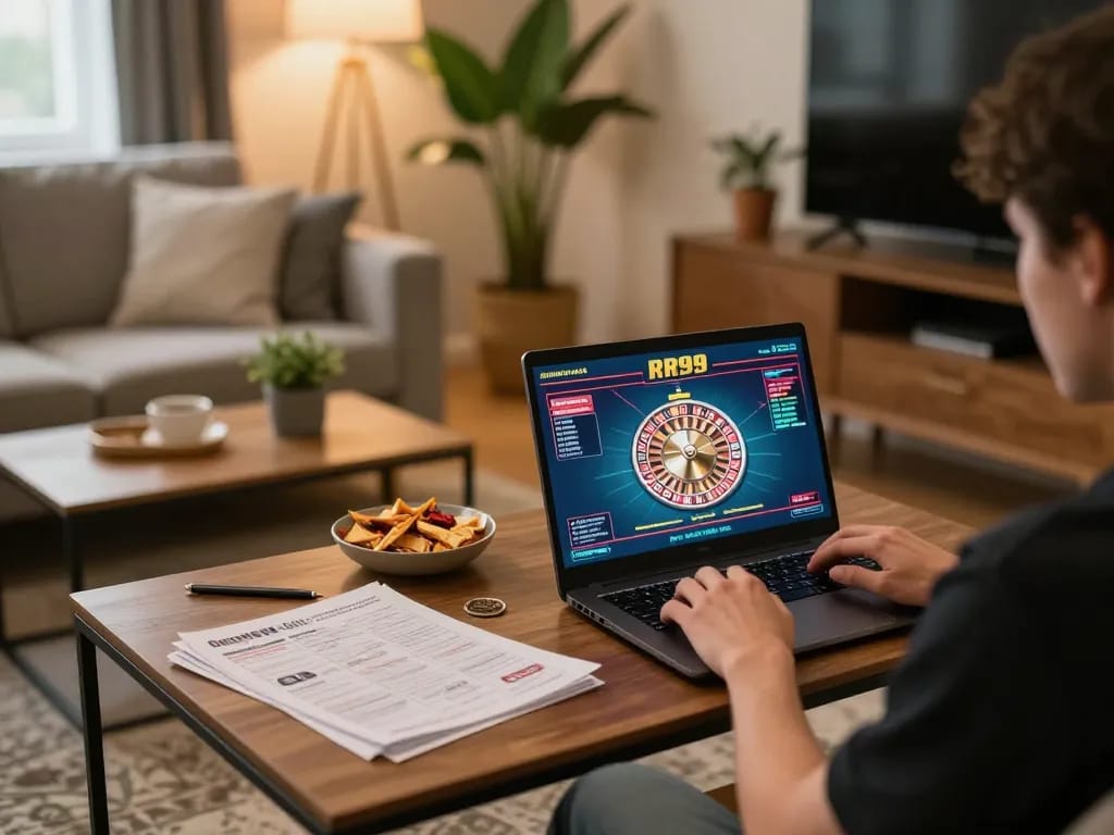 Player enjoying RR99 online casino experience on a laptop in cozy home setting