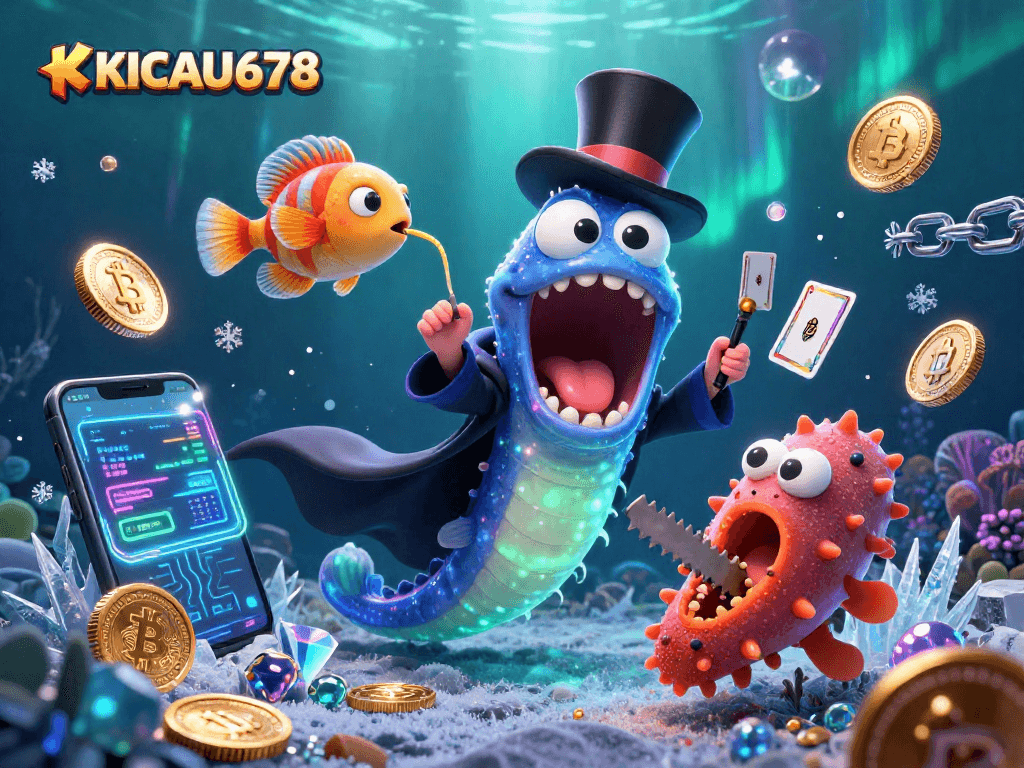 KICAU678 brings magic to crypto gaming as a deep-sea eel performs card tricks in vibrant illustration.