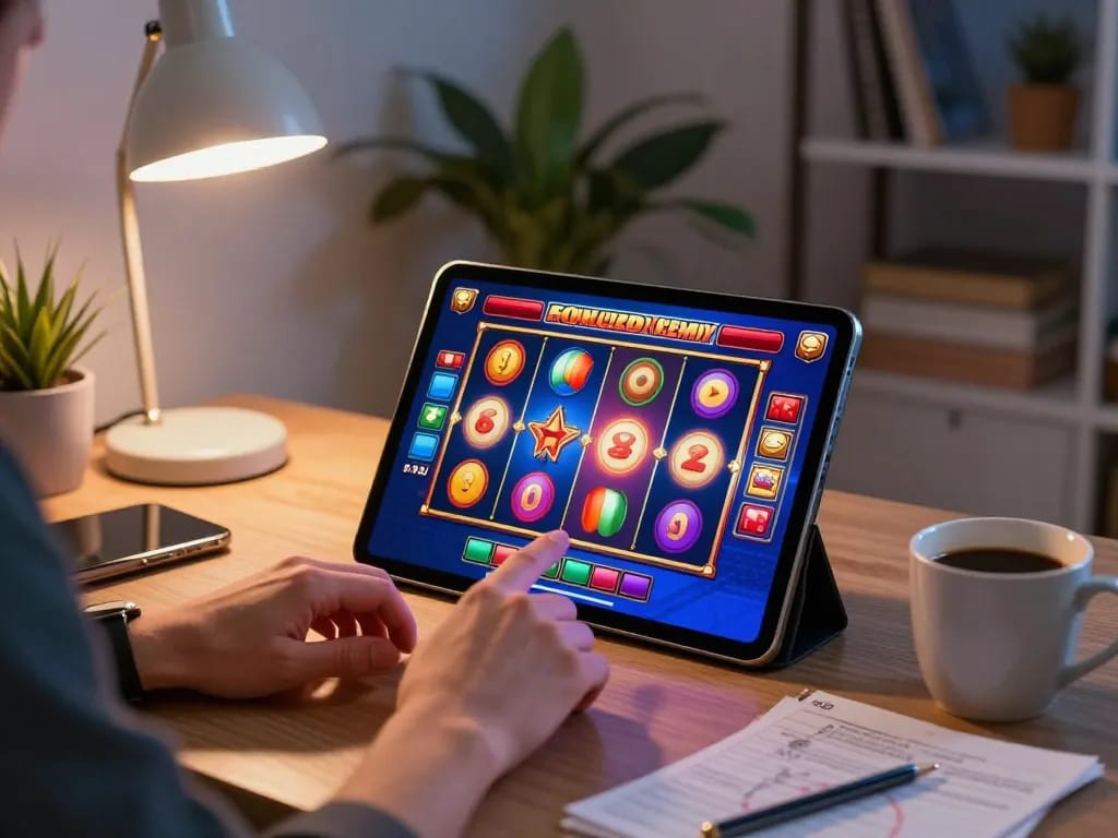 PULSASLOT player spinning reels on a tablet, immersed in a vibrant home gaming session.