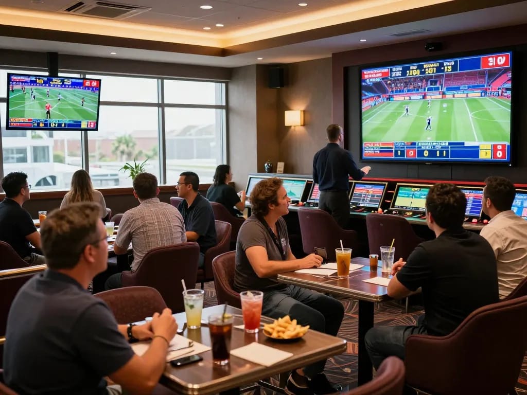 Customers analyzing bets in a lively sports betting lounge at 789bet casino