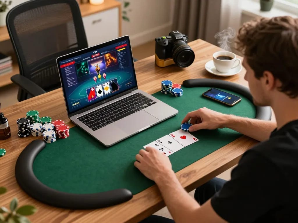 78win player engaging in online poker strategy during a cozy gaming session