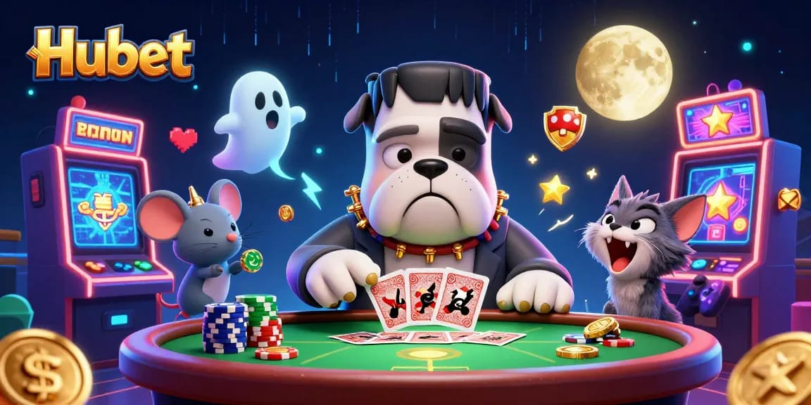 Experience Hubet's thrilling casino games with a spooky 3D monster dealer illustration.