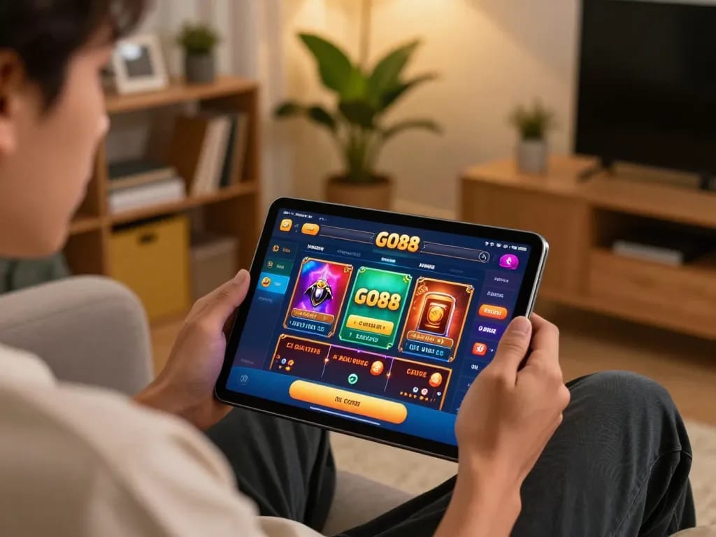 Engaging online player accessing the TẢI GO88 app on a tablet in a cozy home setting, showcasing a vibrant gaming interface.