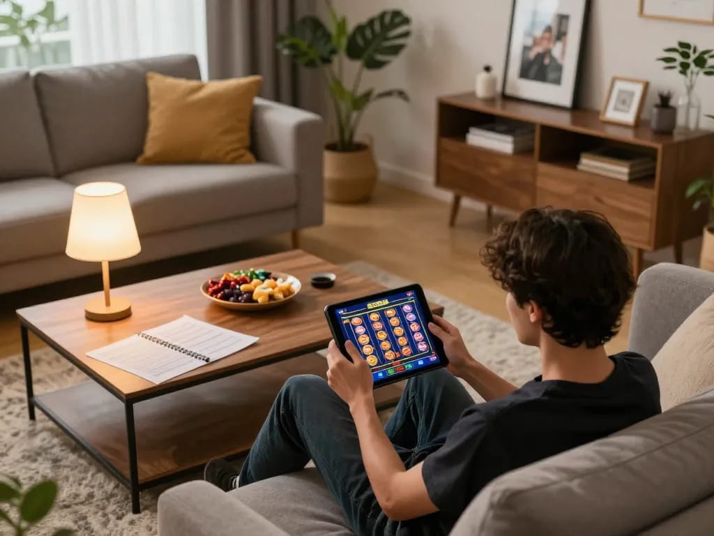 Player enjoys SC88's online slots on a tablet in a cozy home setup, emphasizing strategic gaming.