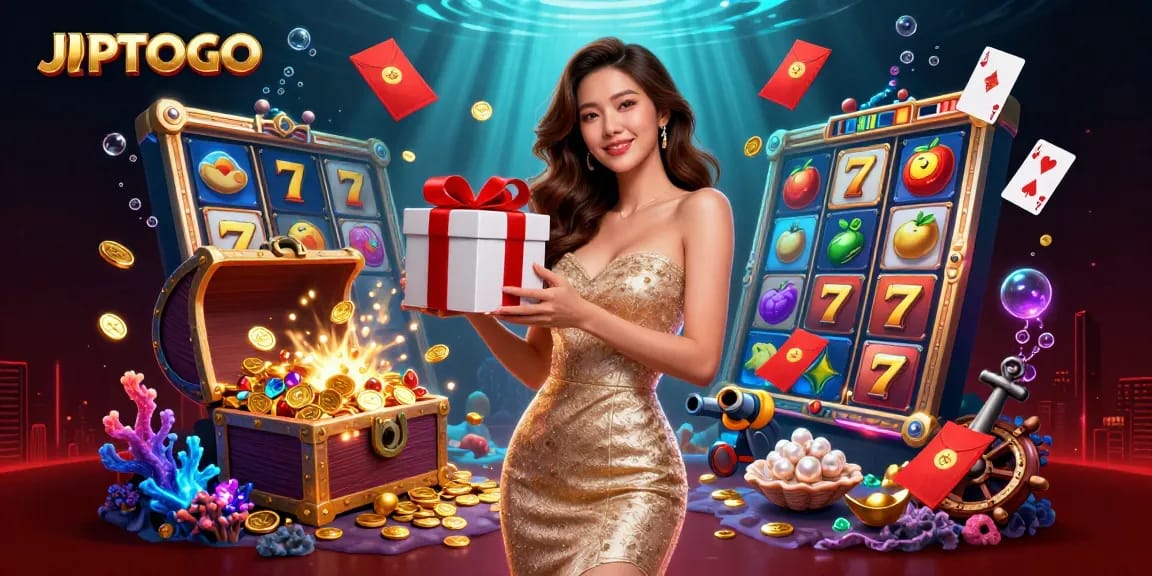 Engage with JPTOTO's thrilling slots featuring golden coins and festive decor in an immersive casino scene.