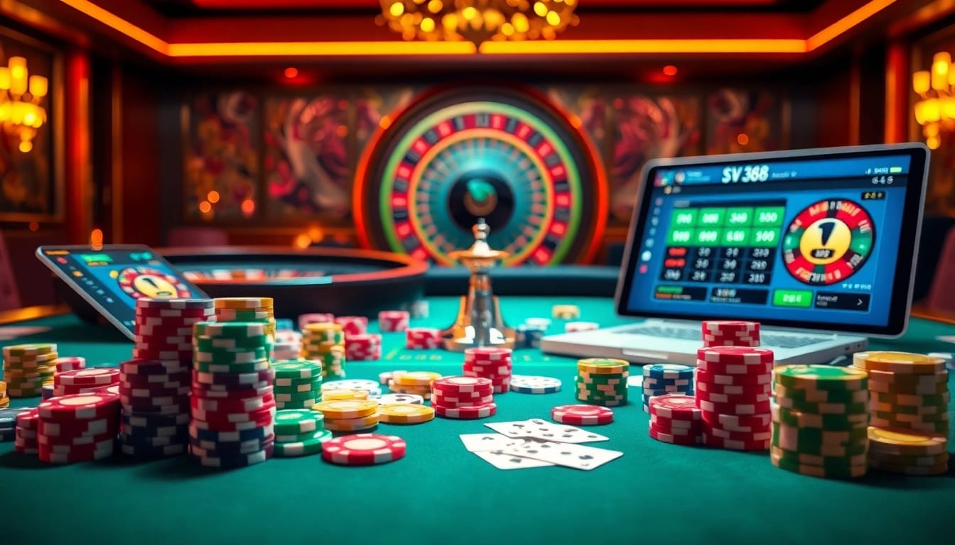 Engaging scene of online gambling at SV 368 casino with poker chips and roulette wheel.