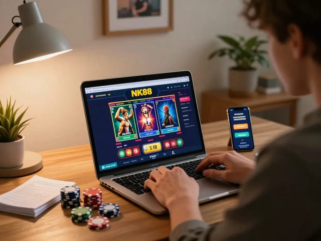 Player engaging with NK88 casino on laptop while reviewing betting strategies and promotions