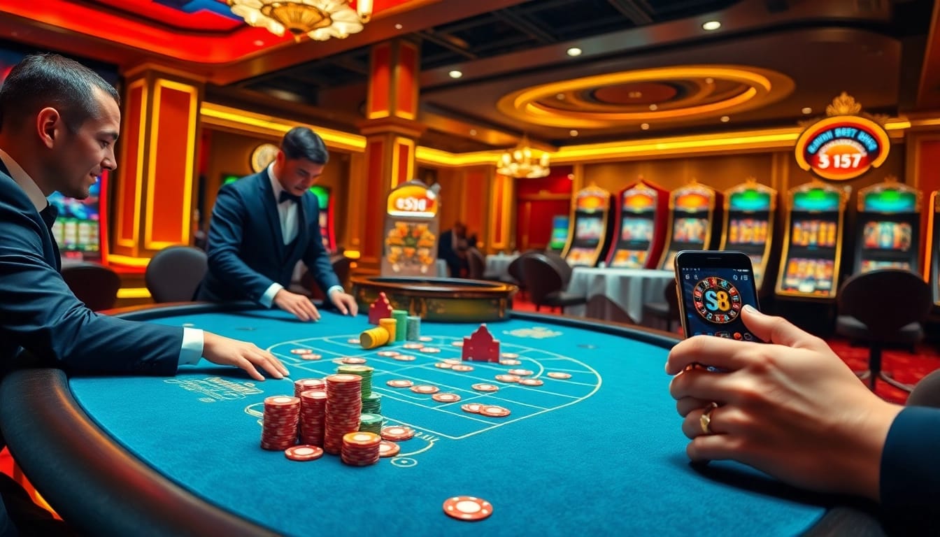 S8 players strategy at a vibrant poker table in an online casino: colorful chips and roulette.