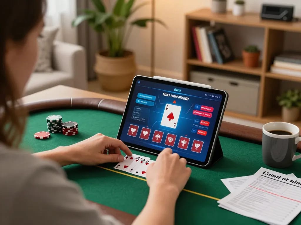 Tham gia chơi poker trực tuyến với Link 12bet trên một chiếc máy tính bảng trong không gian ấm cúng tại nhà