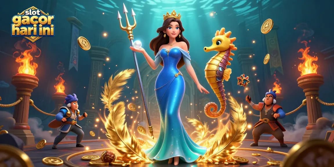 Engage with slot gacor hari ini through a vibrant underwater casino scene featuring a mystical woman and seahorse king.