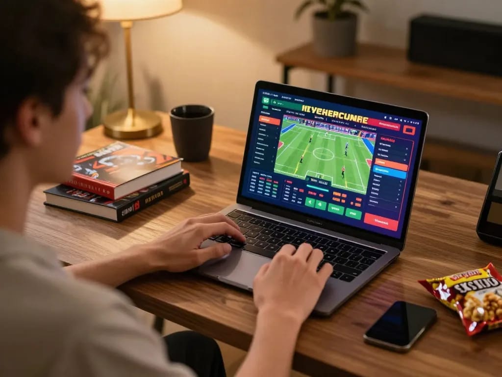 Kuwin user placing bets on a laptop during an exciting online casino gaming session in a cozy setup