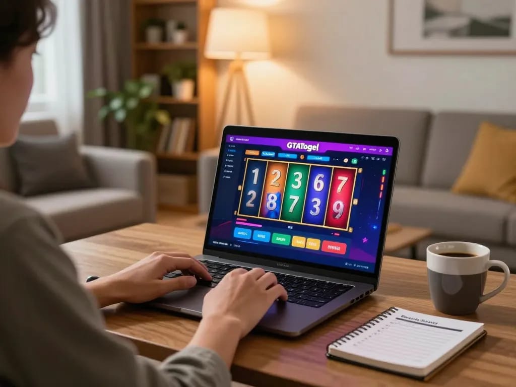 Player enjoying GTAtogel online slots on laptop, showcasing a cozy home gaming atmosphere.