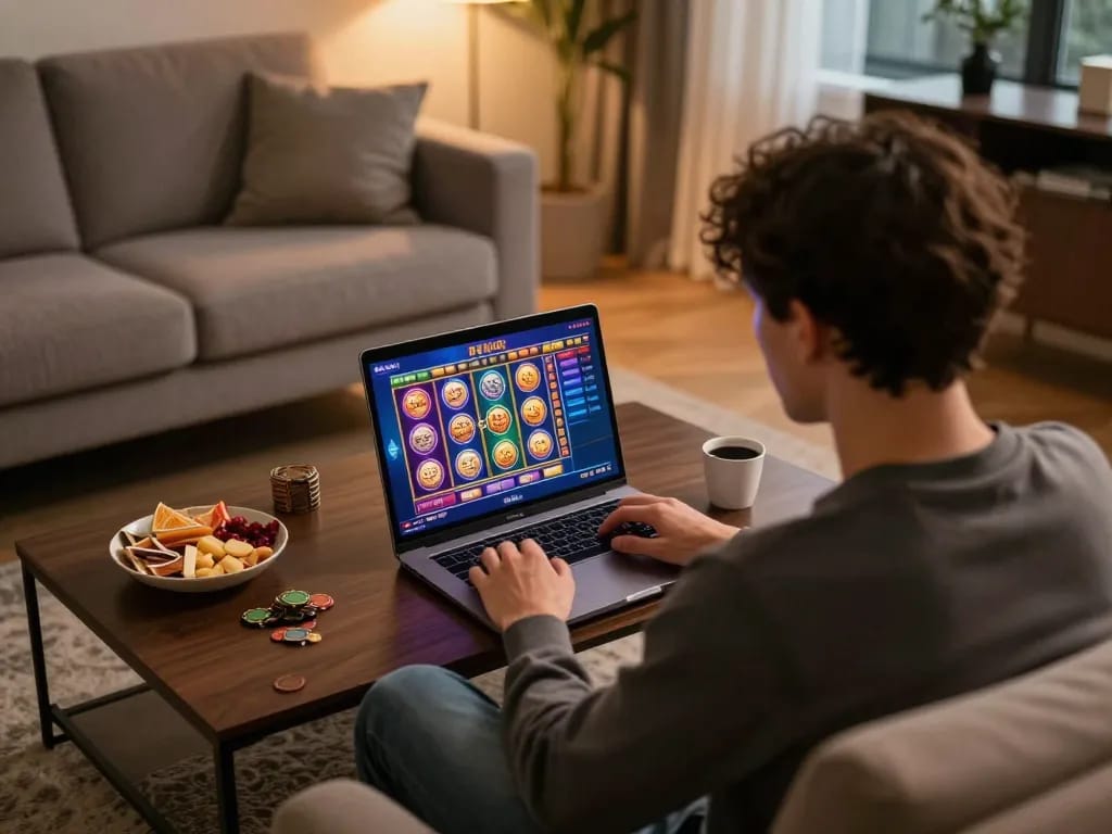Gambling user engaging with janadenole online slot game on laptop, creating a cozy gaming atmosphere.