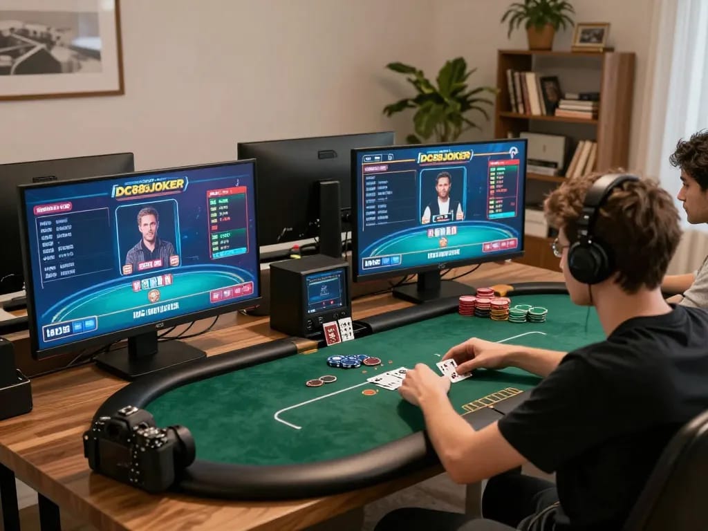 IDC88JOKER online player enjoying strategic poker gameplay in a cozy home environment.