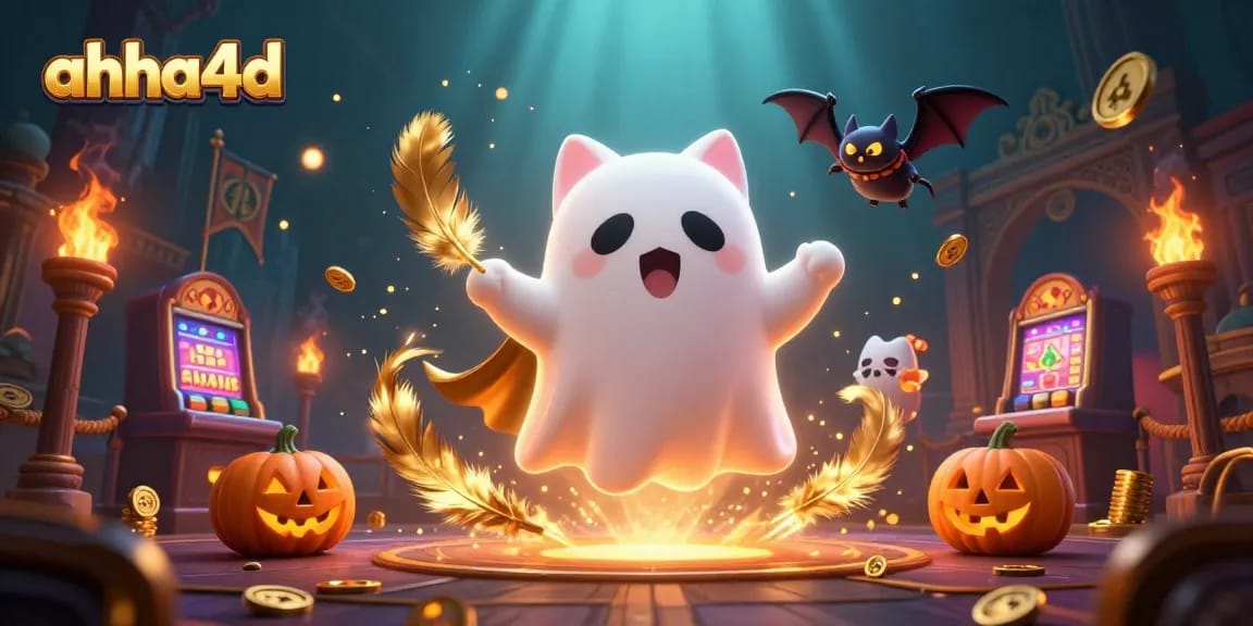 ahha4d menampilkan kucing hantu ramah menjelajahi kasino yang angker, dikelilingi simbol perjudian