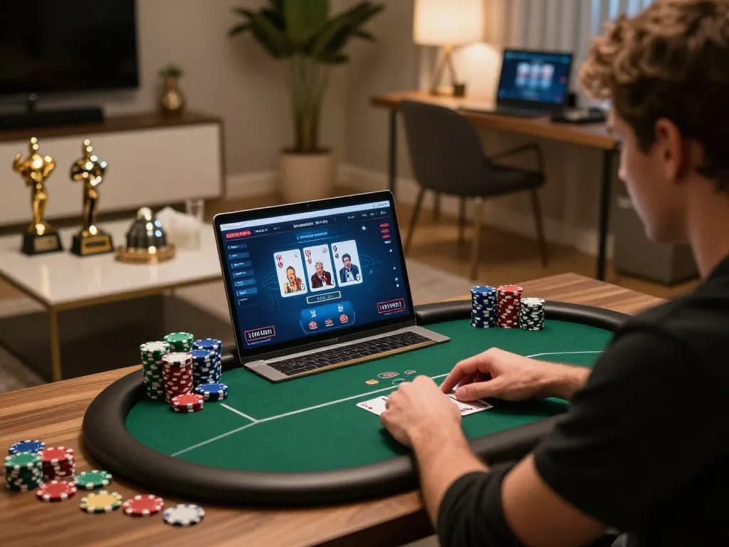 Play poker at home using sc88 online platform with laptop and poker chips on the table.