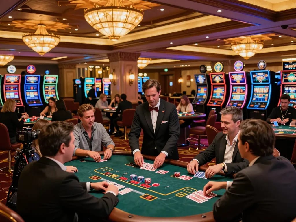 link 23win players enjoying a thrilling blackjack game in an upscale casino setting, vibrant atmosphere and high stakes.