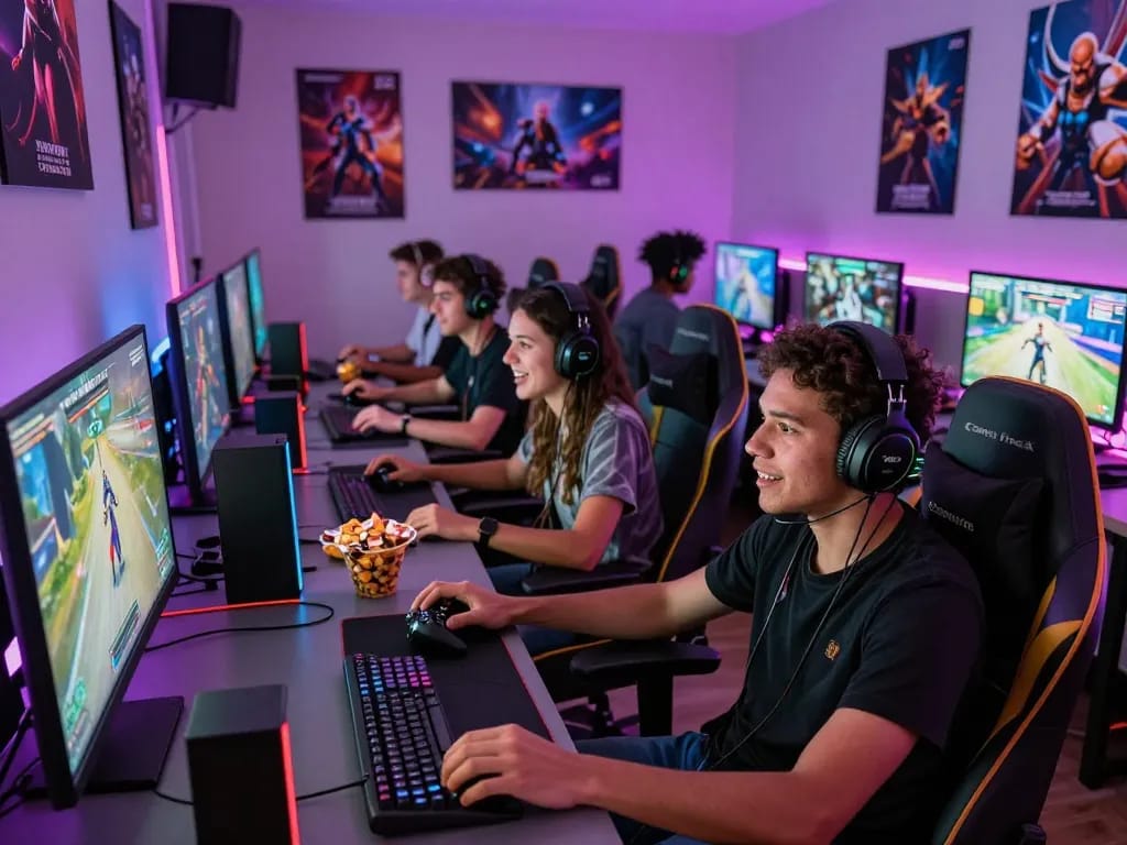 Young gamers intensely engaged in a multiplayer video game session, showcasing BANDIT69 amid vibrant LED lighting and modern gaming setup.