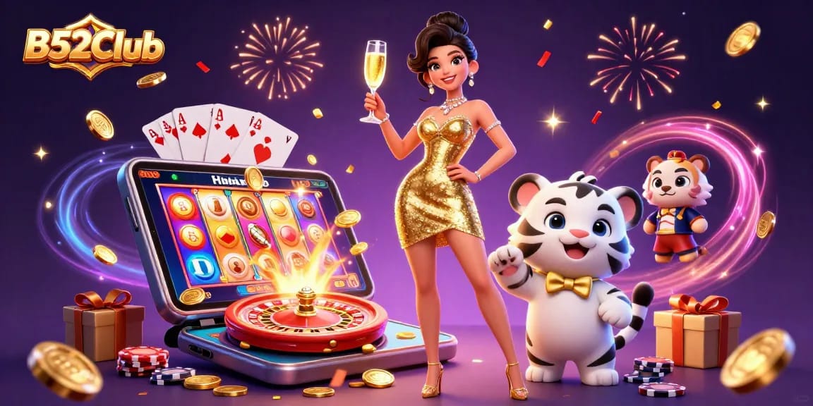 B52Club showcases a glamorous woman with a lucky cub in a vibrant casino atmosphere lively with games and celebrations.