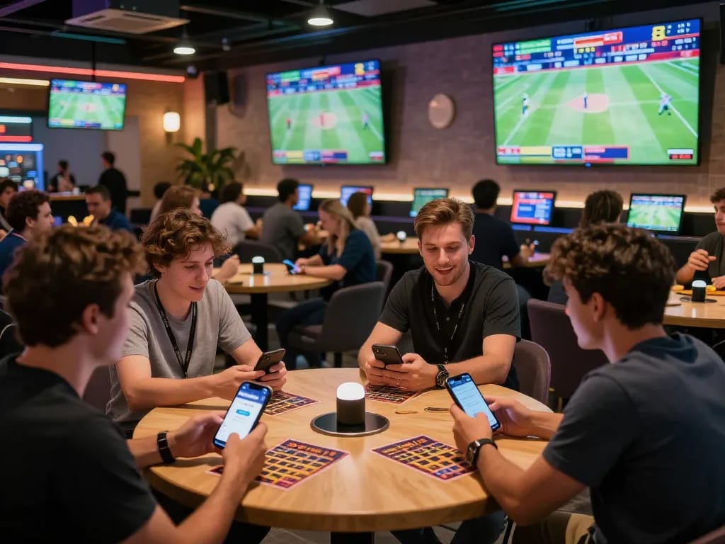 Fans engaging in live betting through the llwin app at a modern sports lounge, creating an exciting atmosphere.