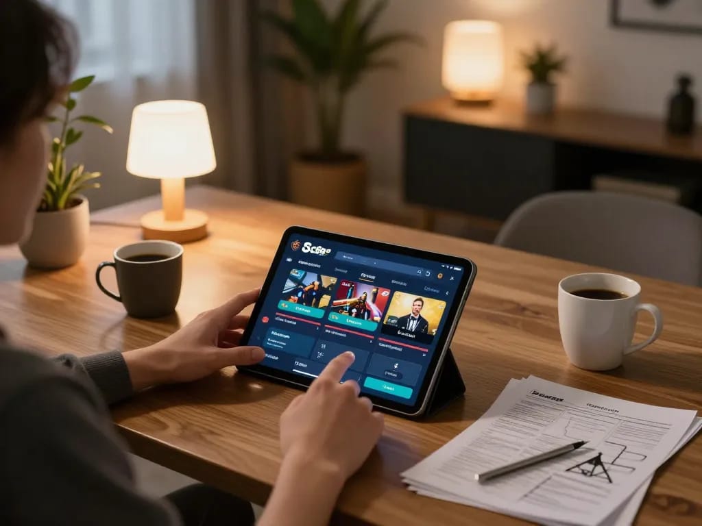 Engaged player analyzing sc88e odds on a tablet in a cozy home setup with strategy notes