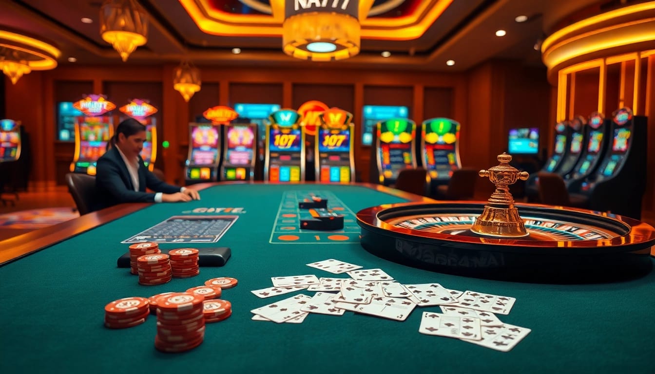 Experience the thrill of gambling at NA777 with vibrant casino tables and professional dealers.