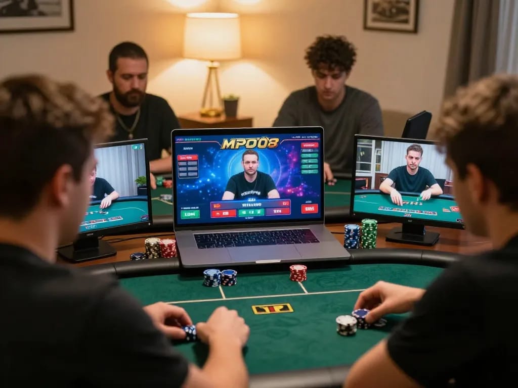 Players strategizing on MPO08 platform during an online poker tournament in a cozy living room