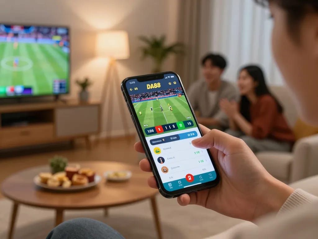 Engaging with the DA 88 app for live sports betting on smartphone in a cozy home setting.