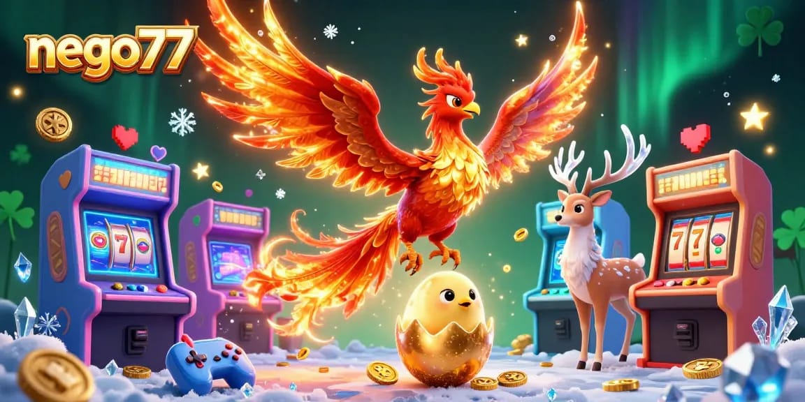 Experience thrilling gameplay with nego77 featuring a phoenix, baby phoenix, and stag amidst vivid arcade elements.