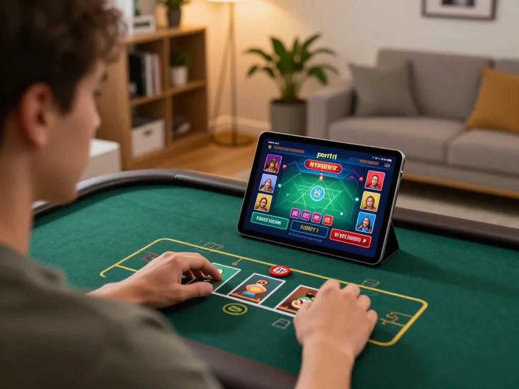 Person engaging in online gaming on peri11 platform with tablet in cozy home setting.