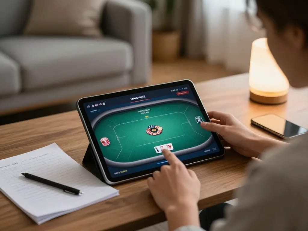 Engaged player enjoying open88 online poker on a tablet in a cozy living room.