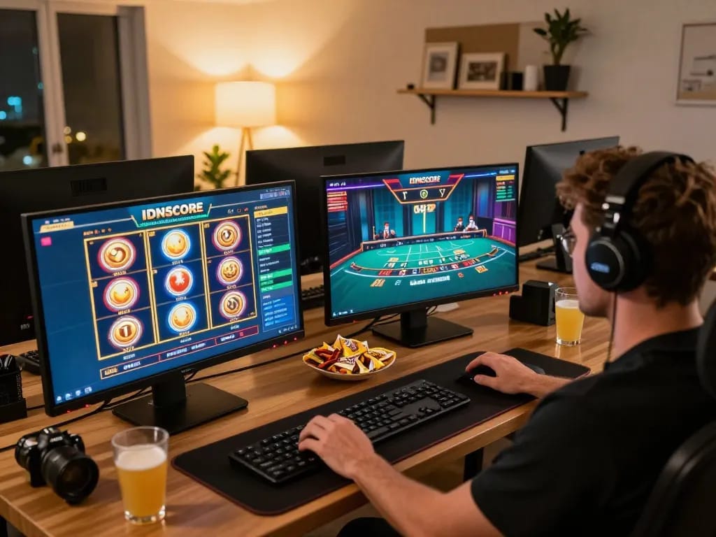 IDNSCORE slot game in action, showcasing an engaging online gaming setup with multiple screens.