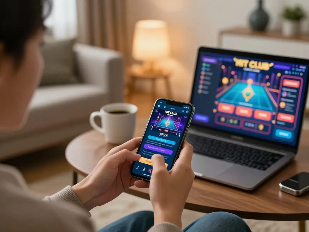 Player enjoying the Hit club mobile app for immersive online gaming experience from home.