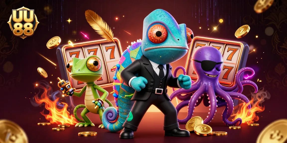 Play thrilling games at uu 88: a vibrant chameleon and friends in a dynamic casino scene.