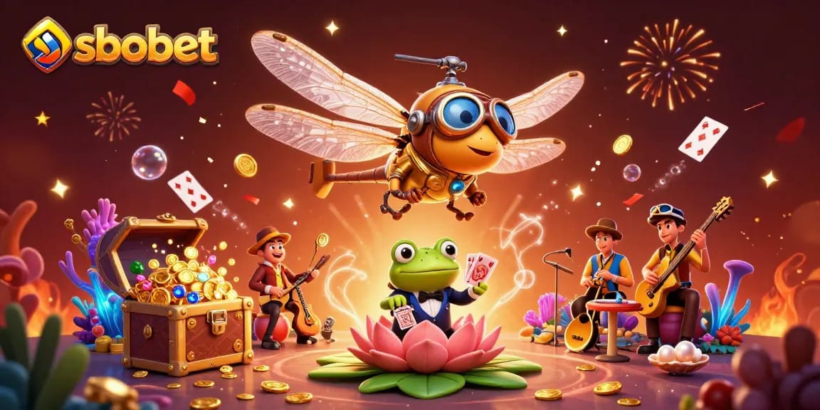 Sparkling sbobet scene with a dragonfly pilot, frog dealer, and jazz band in a vibrant casino.
