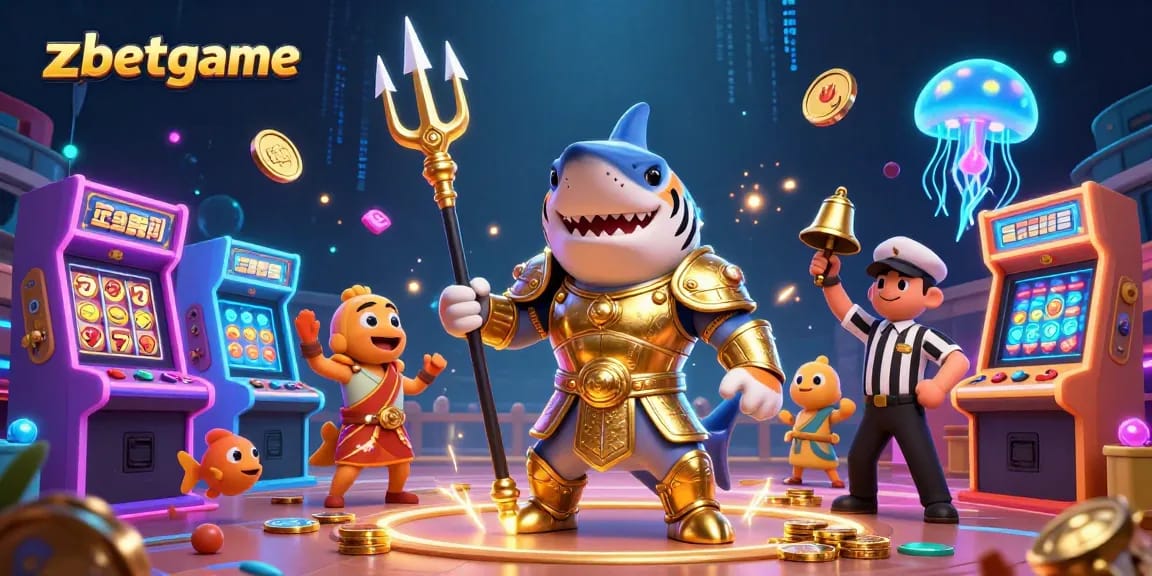 Join the zbetgame excitement with a powerful shark in armor amidst vibrant casino action.