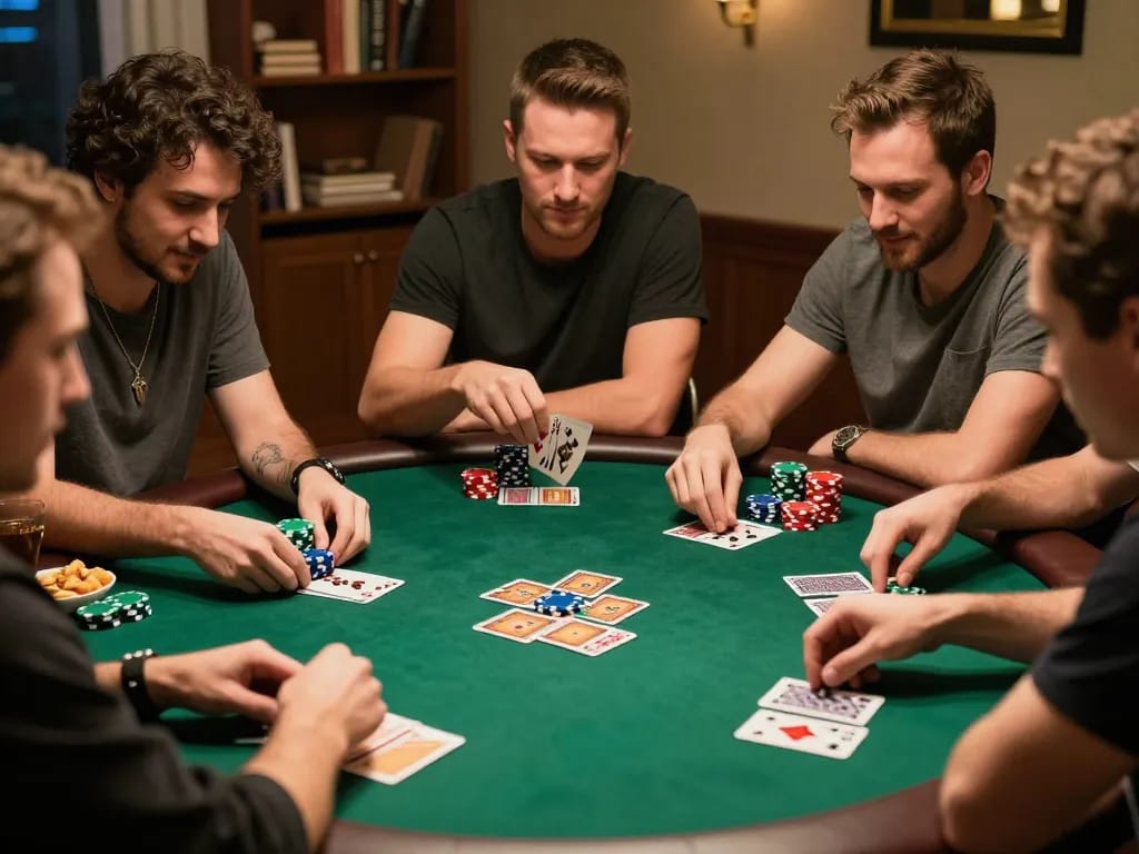 Friends enjoying a spirited poker game at home, capturing the essence of nhà cái vua 88.